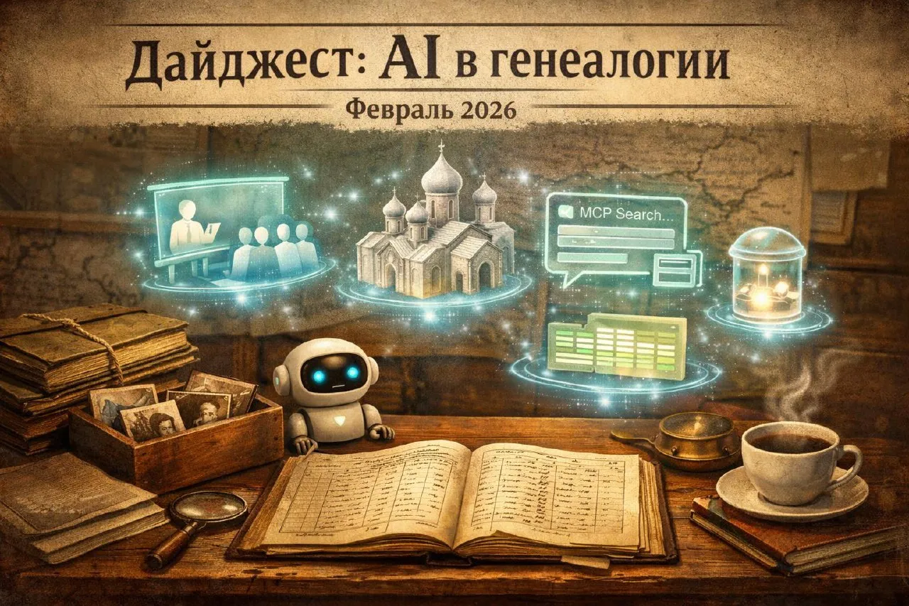 Обложка дайджеста: робот за столом с метрической книгой и иконками новостей