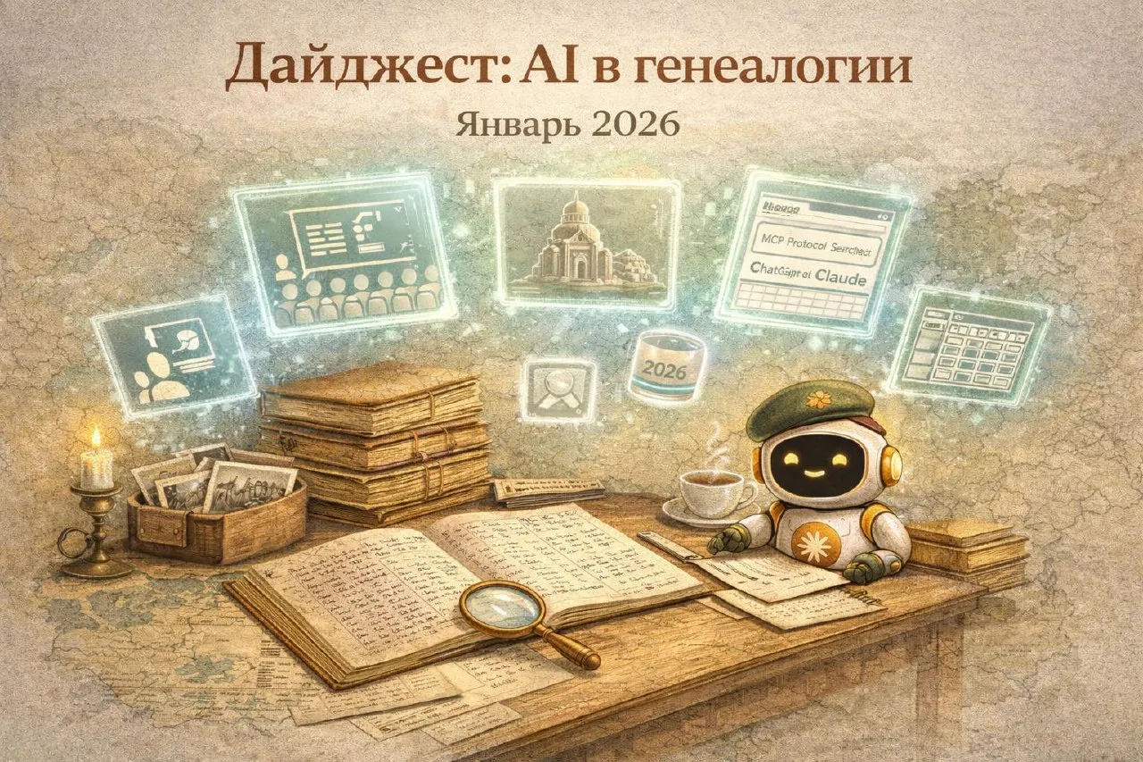 Обложка дайджеста: робот за столом с архивными книгами и иконками AI-сервисов