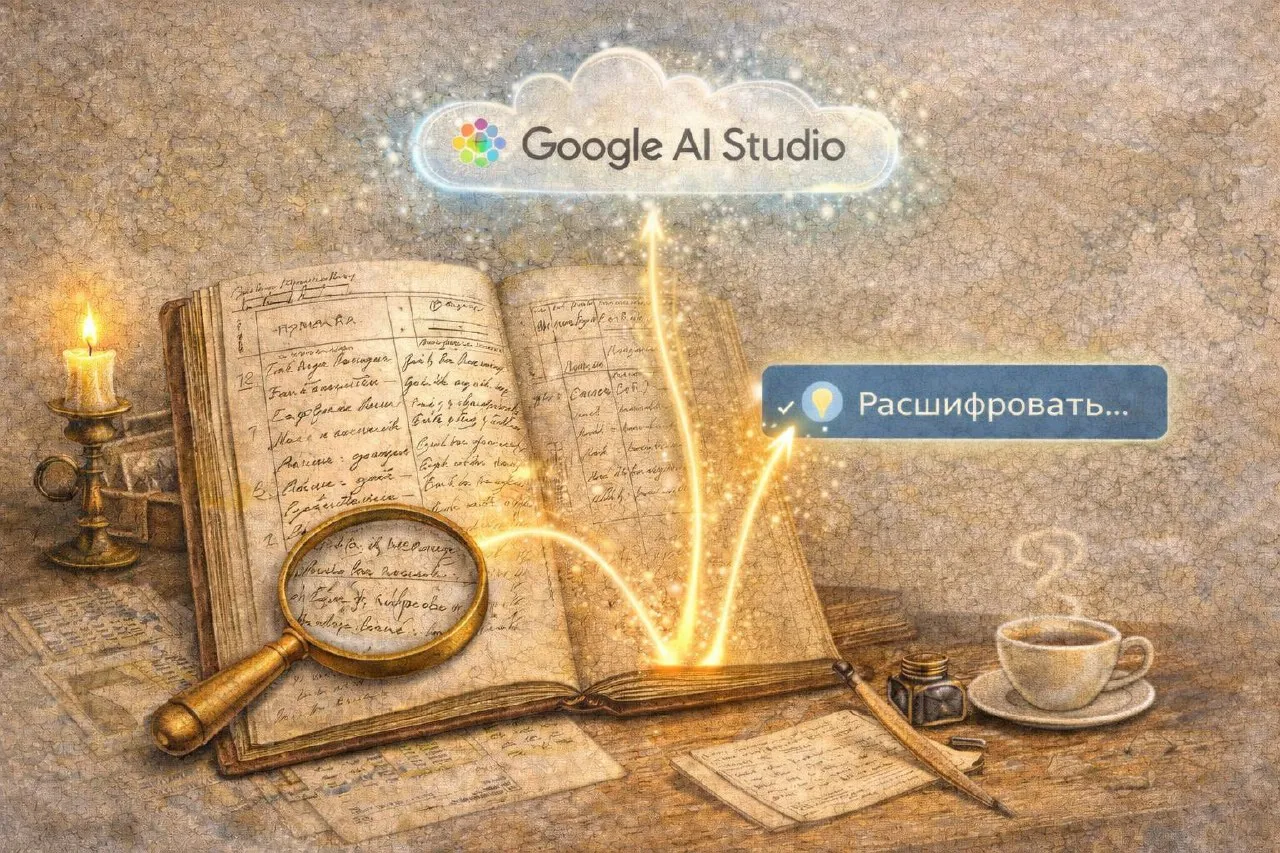 Иллюстрация: рукописная метрическая книга и кнопка «Расшифровать» в Google AI Studio