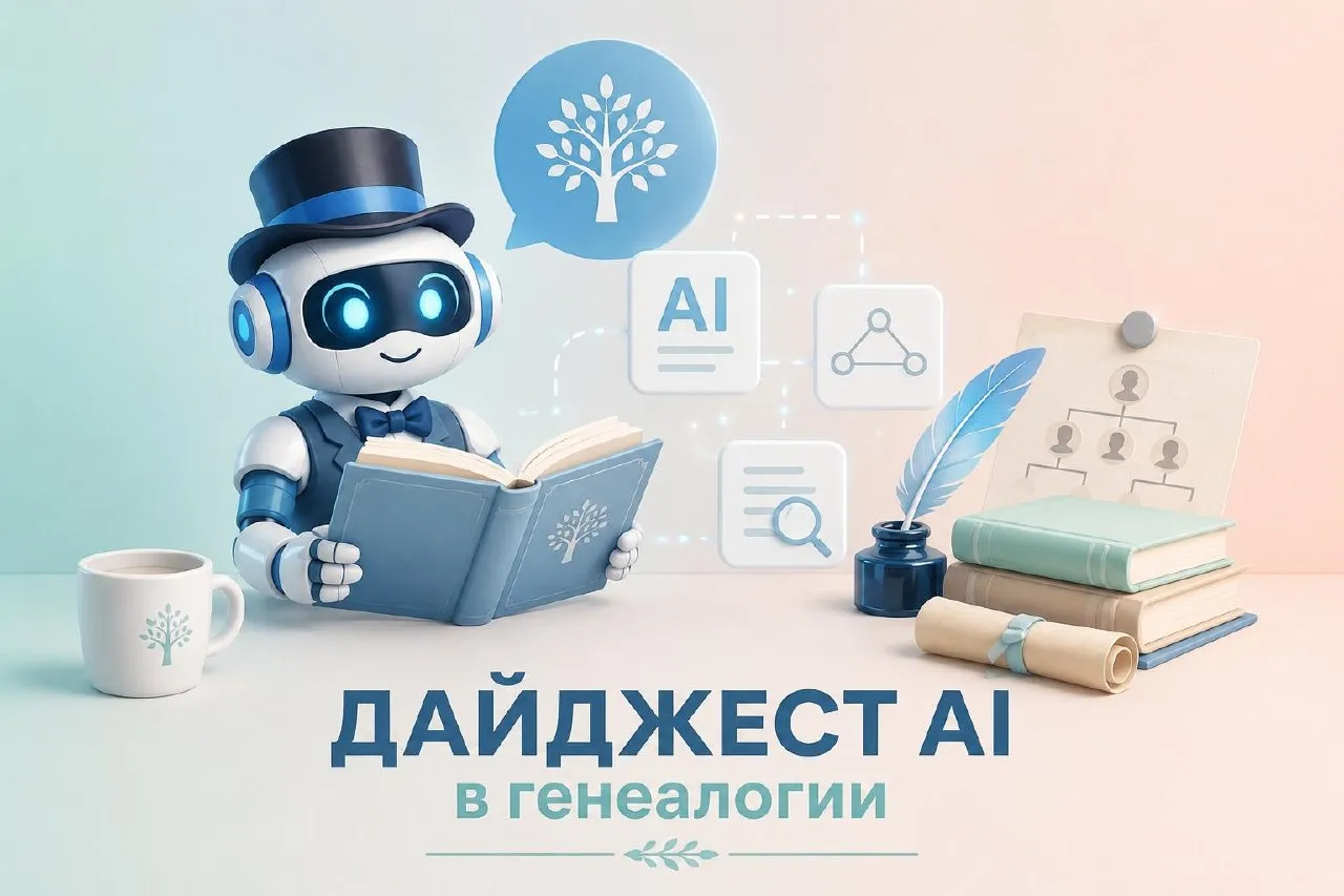 Обложка дайджеста: робот-дворецкий с книгой и иконками AI читает архив