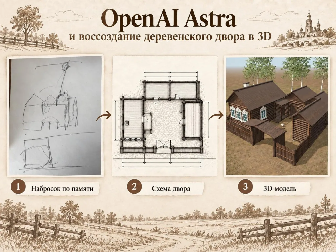 Три шага: карандашный набросок мамы, чертёж двора и 3D-модель избы