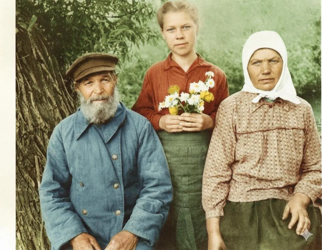 Колоризированное фото: дед, внучка с ромашками и бабушка под деревом