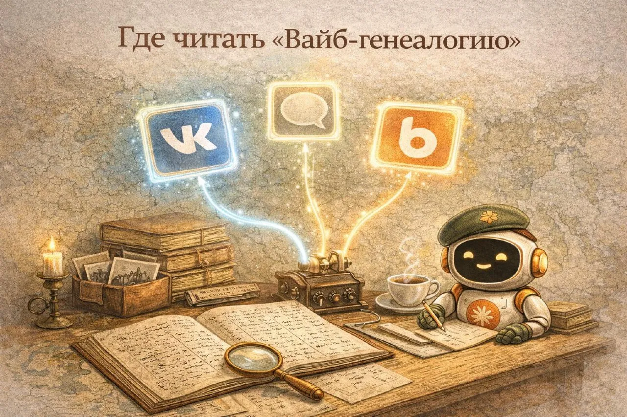 Иллюстрация: робот за столом, стрелки от радио к иконкам VK, чата и Boosty