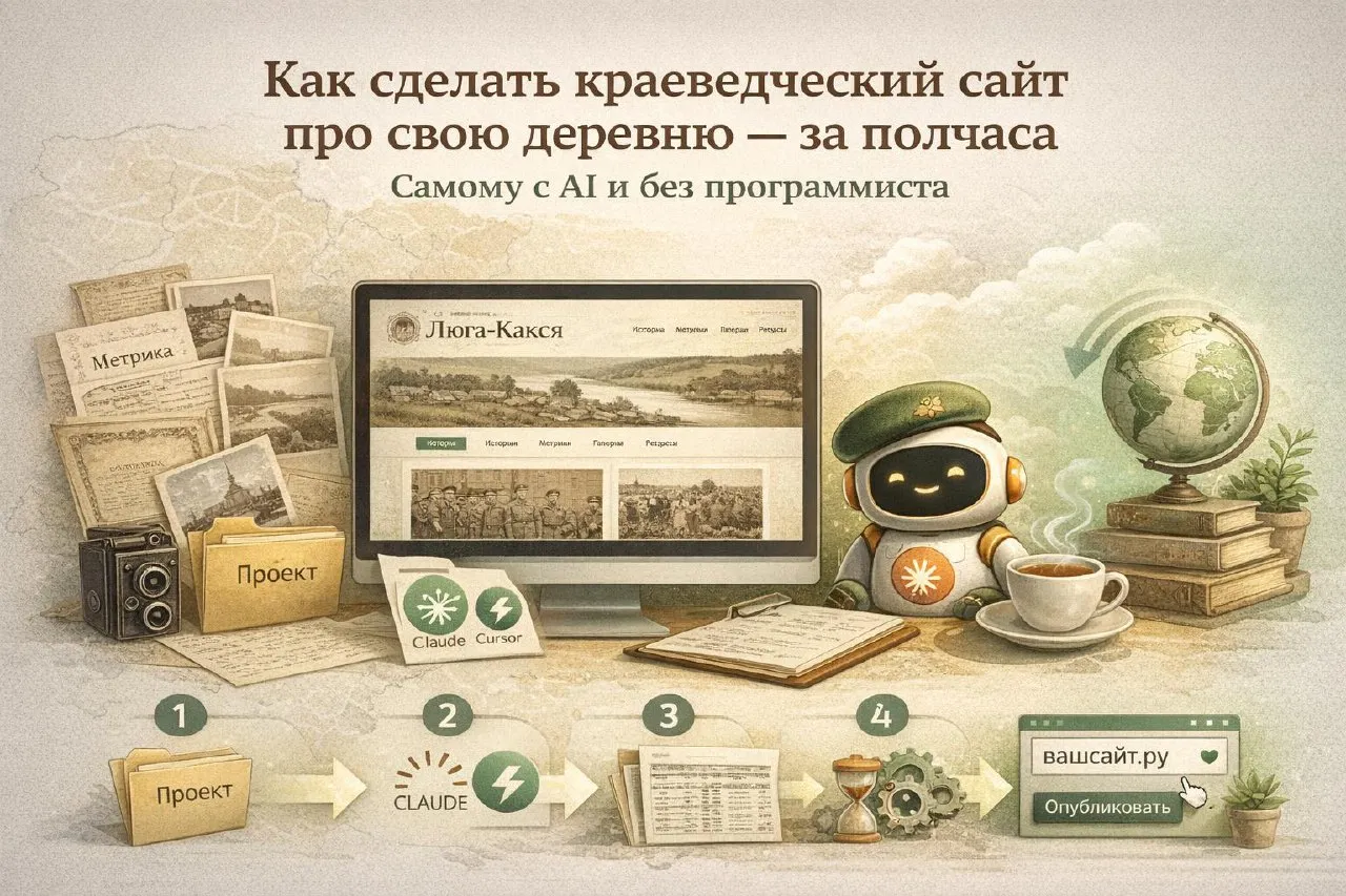 Инфографика: экран с сайтом деревни Люга-Кокся и шаги публикации