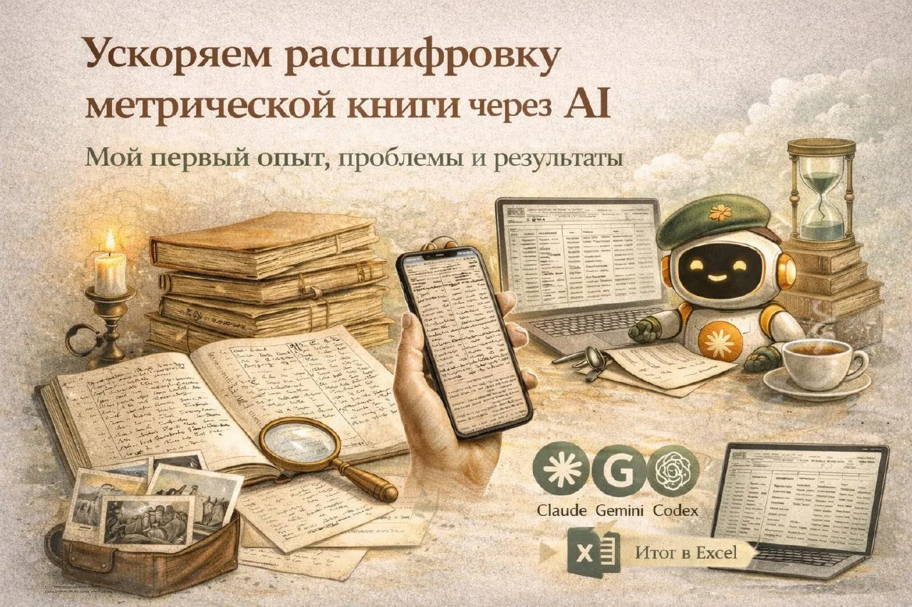 Иллюстрация: расшифровка метрической книги через AI на телефоне и ноутбуке